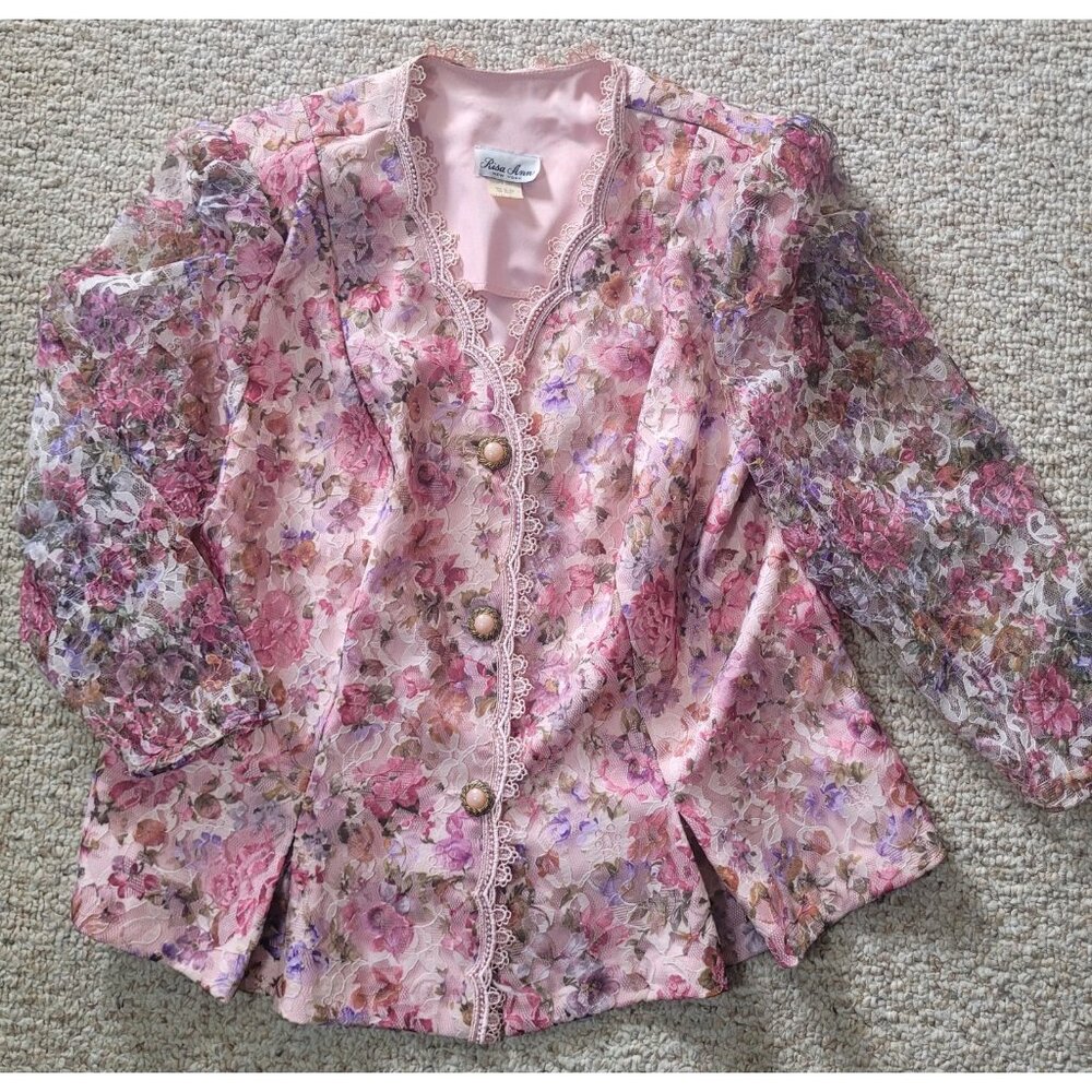 Vintage Risa Ann Pink Floral Lace Blazer Size XL 18WP Brocade Victorian Coquette